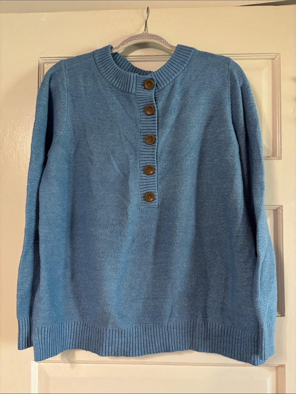 J. Jill Light Blue Crewneck Sweater with Five-Button Placket